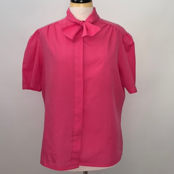 Vintage Tops - Alicia Pink Blouse Vintage Bow Neck Button Down